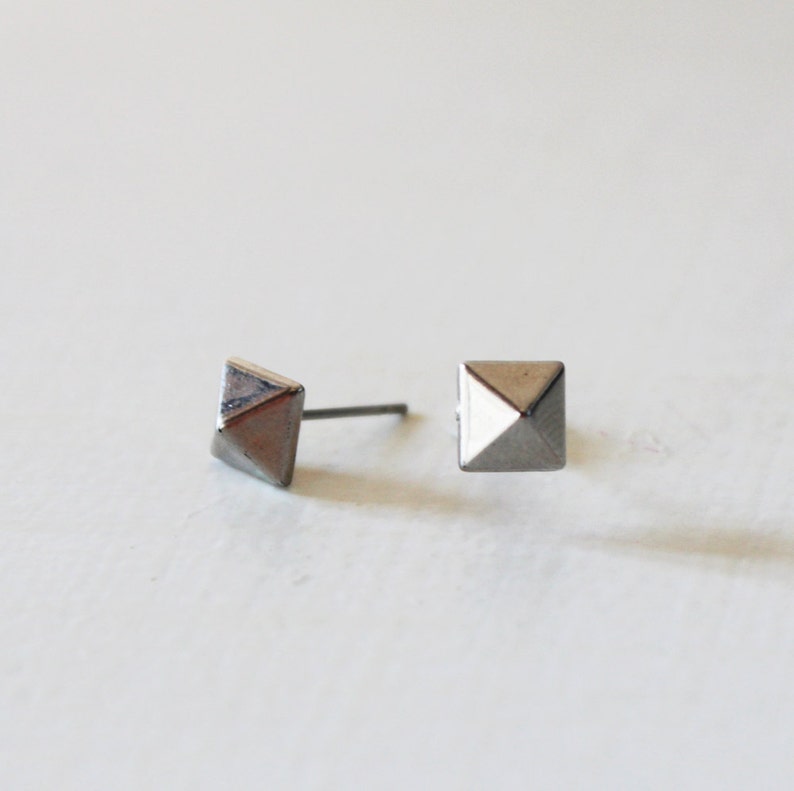 Silver pyramid stud earrings, Small silver stud earring, Geometric silver studs, Pyramid post earrings, Silver spike studs, Gothic earrings image 1