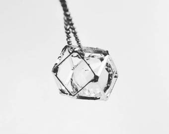 Silver Geometric Necklace, Silver diamond necklace, Whimsical necklace, Floating diamond necklace, Silver crystal necklace, Hollow polygon