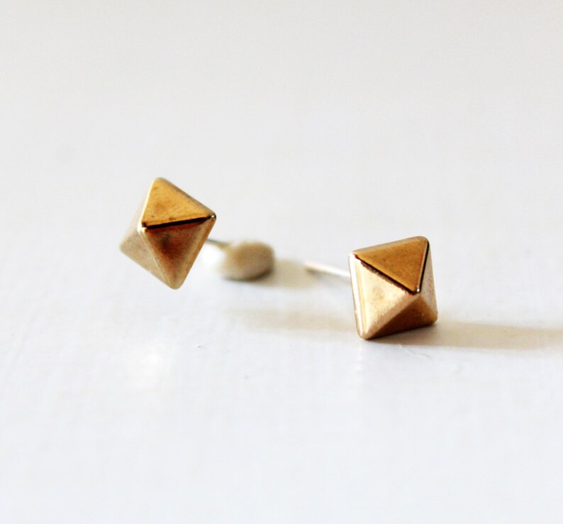 Gold pyramid stud earrings, Small gold pyramid studs, Dainty gold studs, Geometric gold earrings, Pyramid post earrings, Lightweight studs image 4