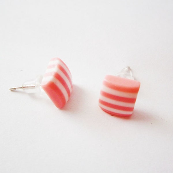 SALE Pink striped earrings, Small pink earrings, Plastic earring studs, Square post earrings, Geometric earrings, Candy stripes,