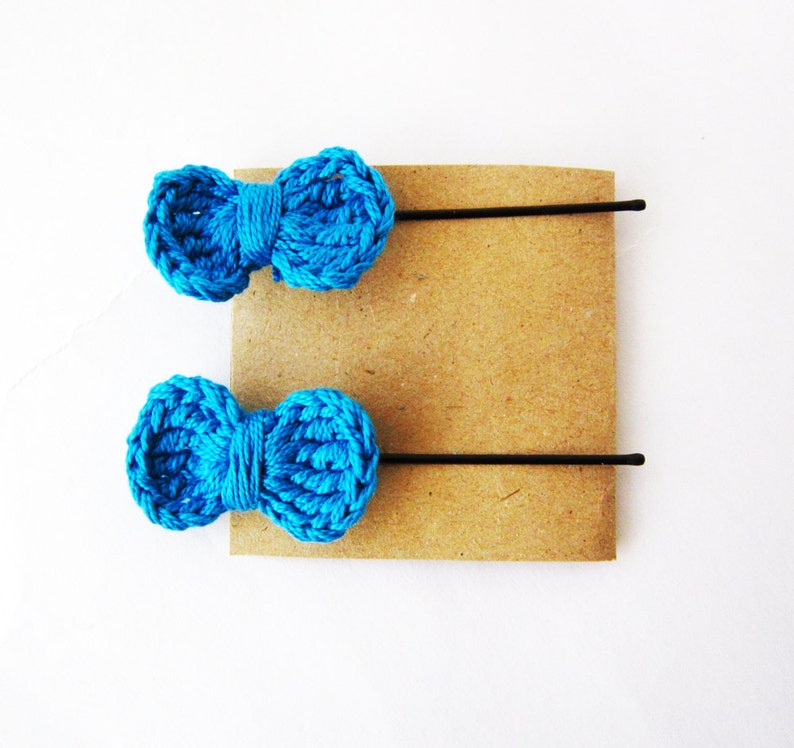 Blue baby hair bow, Set of two crochet hair bows, Cute hair bow, Blue hairbow, Cute girl hair bow, Blue bow hair, Crochet bow hair bobby pin image 1