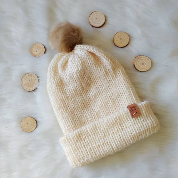 Cream Knit Beanie With Pom Pom, Double Brim Winter Hat - Etsy display picture 2
