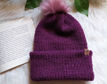 Purple knit beanie, double brim knit hat, knitted beanie, knit beanie hat, mauve color beanie, women's winter hat, pom pom beanie