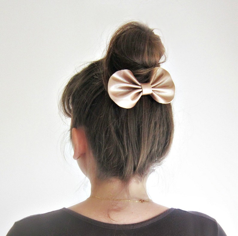 Champagne Leather Hair Bow Barrette Metallic Shine Patent Etsy