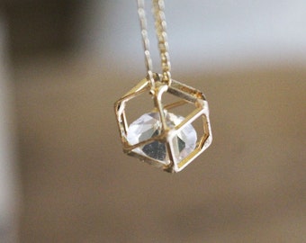 Gold Geometric Necklace, Gold diamond necklace, Whimsical necklace, Floating diamond necklace, Gold crystal necklace, Hollow polygon charm