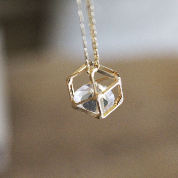 Gold Geometric Necklace, Gold diamond necklace, Whimsical necklace, Floating diamond necklace, Gold crystal necklace, Hollow polygon charm