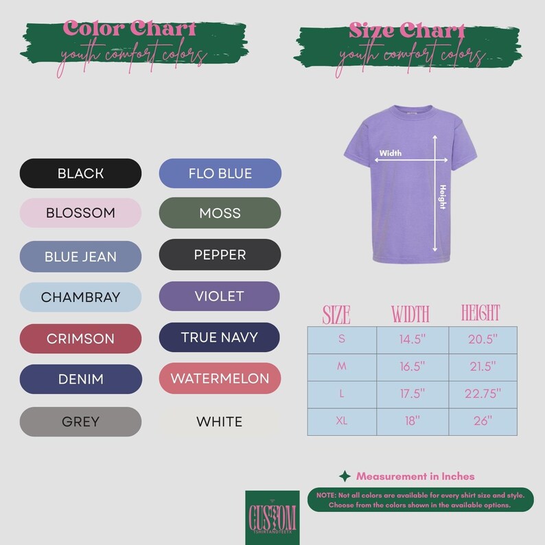 The image is a color chart and size chart for youth comfort colors, providing a visual guide for selecting the appropriate color and size for a shirt.