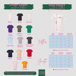 The image is a color chart and size chart for youth and toddler clothing, providing a visual guide for selecting the appropriate size and color for different age groups.