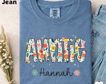 Adrettes Floral Auntie Comfort Colors Shirt, Benutzerdefinierte Tante T-Shirt, Nichte Neffe Namen T-Shirt, personalisiertes Geschenk für die neue Tante, Frühling Blumen Outfit