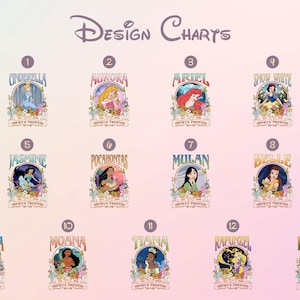 a collection of Disney princess character logos, each featuring a different character from the Disney animated films. The logos are arranged in a grid format, with each row representing a different character and each column representing a different Disney princess. The characters are depicted in a colorful and stylized manner, showcasing the iconic Disney princesses.