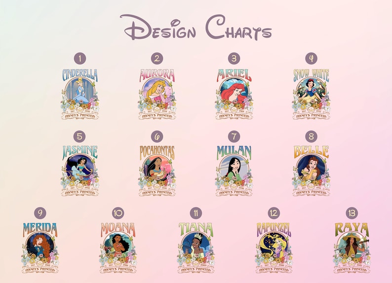a collection of Disney princess character logos, each featuring a different character from the Disney animated films. The logos are arranged in a grid format, with each row representing a different character and each column representing a different Disney princess. The characters are depicted in a colorful and stylized manner, showcasing the iconic Disney princesses.