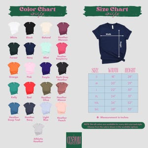 The image is a color chart and size chart for a t-shirt, providing a visual representation of different shirt colors and their corresponding sizes.