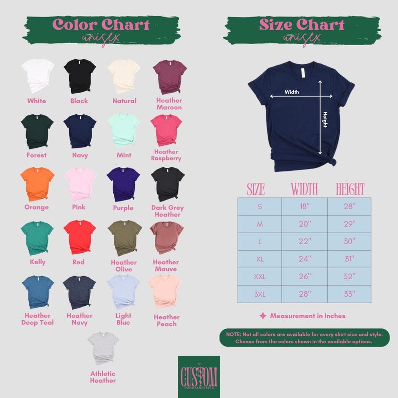 The image is a color chart and size chart for a t-shirt, providing a visual representation of different shirt colors and their corresponding sizes.