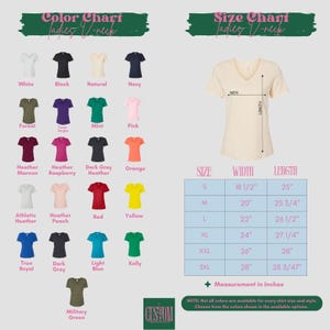 The image is a color chart and size chart for ladies' V-neck t-shirts. The color chart displays various color options, including white, black, natural, navy, and other shades. The size chart provides measurements for different shirt styles, such as V-neck, short sleeve, and crew neck, along with corresponding widths and lengths. The chart also includes a measurement guide for the shirts.