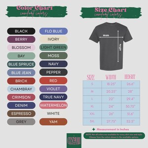 The image is a color chart and size chart for a t-shirt, providing a visual representation of different shirt colors and their corresponding sizes.