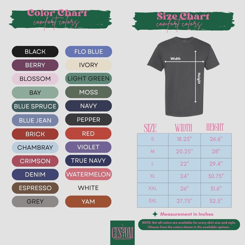 The image is a color chart and size chart for a t-shirt, providing a visual representation of different shirt colors and their corresponding sizes.