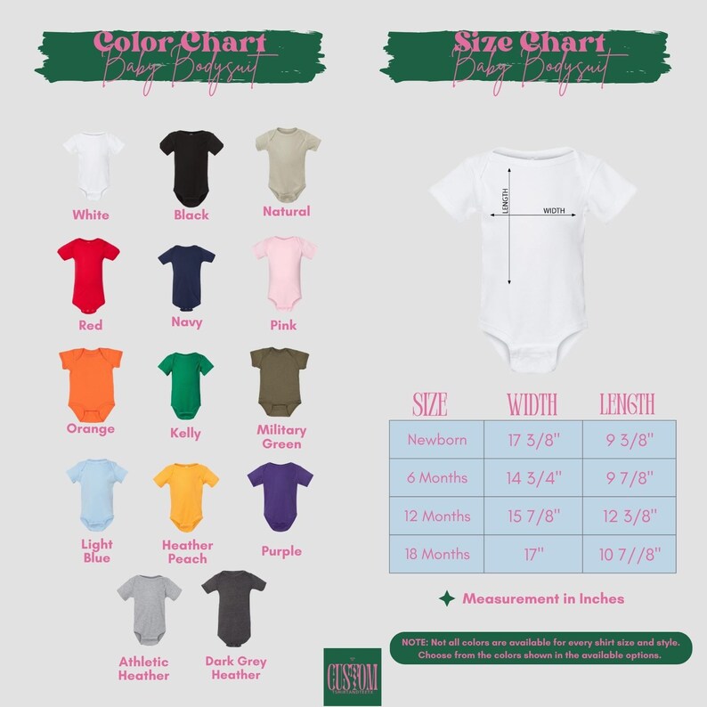 The image is a color chart for a baby bodysuit, displaying various color options and corresponding measurements.