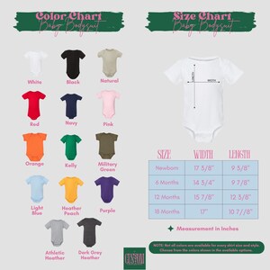 The image is a color chart for a baby bodysuit, displaying various color options and corresponding measurements.