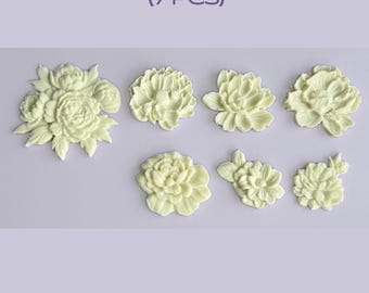 7 Pc Peony Resin Applique Set, Floral Furniture Onlay, Mirror Dresser Cabinet Decor
