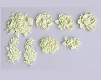 Peony Resin Applique Set, 8 Pc Floral Furniture Onlay, Shabby Chic Decor