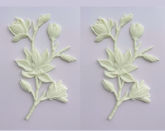 Magnolia Branch Applique Set, Flexible Resin Floral Trim (2 Pcs)