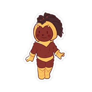 Könnte beinhalten: Ein Aufkleber mit einer Cartoonfigur mit braunem Körper und gelb-braunem Helm. Die Figur trägt ein gelbes Outfit mit passenden Handschuhen und Stiefeln. Der Aufkleber hat einen weißen Rand.