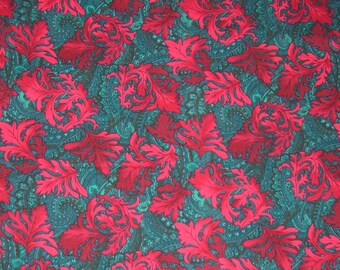Gorgeous 4 Yard Piece Hoffman Fabric: Red Leaves on Green Cotton - Windsor Collection