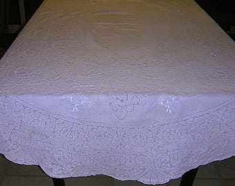 Vintage Cutwork & Embroidery Tablecloth -White Linen with lacy cutwork- Oval 76 x 62