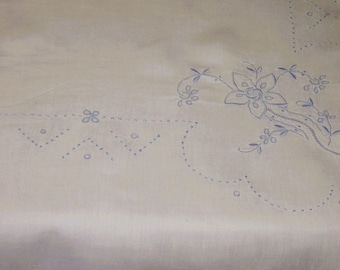 White Cotton Vintage Candle Wicking Tablecloth - 100% Blue on White 40" x 42".