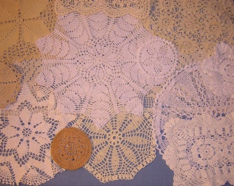 Lot of 12 WHITE & ECRU Vintage cotton Doilies-large bird medium and small - great for altered clothing, quilting, crafts