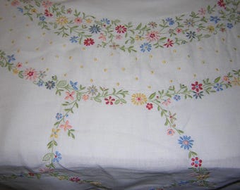 Stunning Vintage White Linen Embroidered Floral Tablecloth - 62" Square