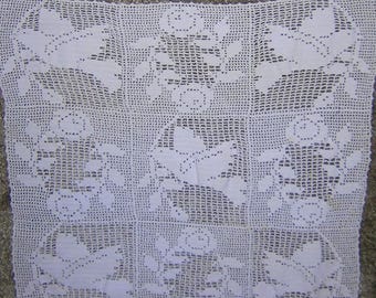 White Cotton Hand Crocheted Dove of Peace Table Runner - 19" x 56"