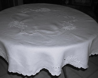 Pretty white embroidered linen 42" round tablecloth  - good condition -slow stitch, altered clothing, journals