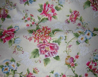 Large 3 Yard Piece Vintage Floral Cotton Fabric: Asian Style Drapery, 54" Wide