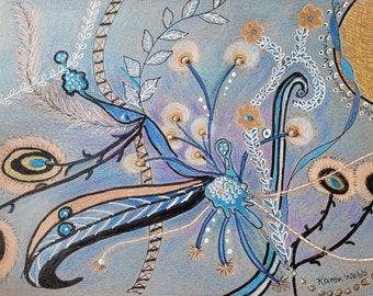 Intuitive Painting, blues and peach, abstract flower painting