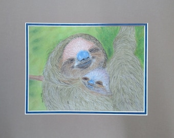 Sloth Baby and Mother, Sloth, Original Pastel Painting, Wildlife Painting, Framed pastel painting