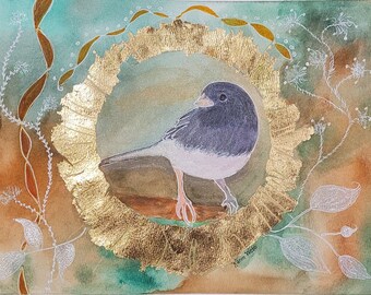 Mixed media, Dark Eyed Junco, bird painting, Audubon, Junco