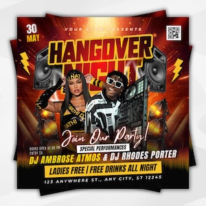 Könnte beinhalten: Werbeflyer für eine "Hangover Night" Party mit dem Datum "30. Mai". Das Design zeigt Personen, Lautsprecher und Blitze, sowie den Text "Join Our Party!" und DJ-Informationen.
