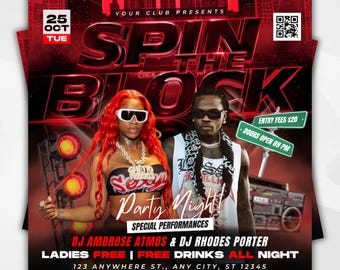 Spin the Block Club Party Flyer Template, Red Street Vibes DJ Event Flyer, Editable DJ Performance Poster, Trendy Nightlife Party Design