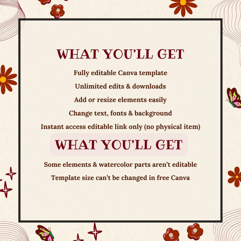 May include: A cream-colored graphic with the text "WHAT YOU'LL GET" in burgundy. The text describes a fully editable Canva template, unlimited edits, and instant access. Decorative floral and butterfly elements surround the text.