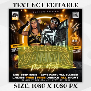 May include: A promotional flyer for a party event. The flyer features two people, a woman and a man, with the text "Madness Monday Party Night." The flyer includes the date, time, and location details, with a gold and black color scheme.