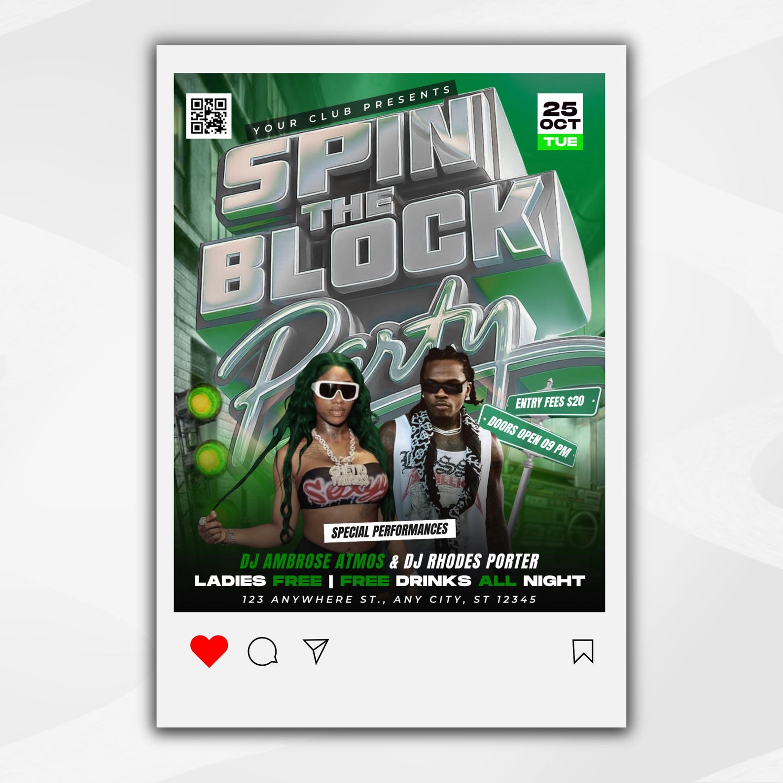 Spin the Block Club Party Flyer Template, Red Street Vibes DJ Event ...