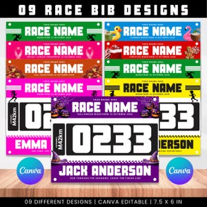 Puede incluir: Una colección de nueve diseños de dorsales de carrera rectangulares con varios temas como Halloween, Navidad y verano. Cada dorsal muestra el texto RACE NAME, una fecha y campos personalizables para nombres y números, midiendo 19,05 por 15,24 cm.