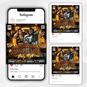 May include: Instagram post promoting a "Madness Monday Party Night" event. The image features two people, event details, and the date, October 25th. The post includes the text "Ladies Free | Free Drinks All Night."