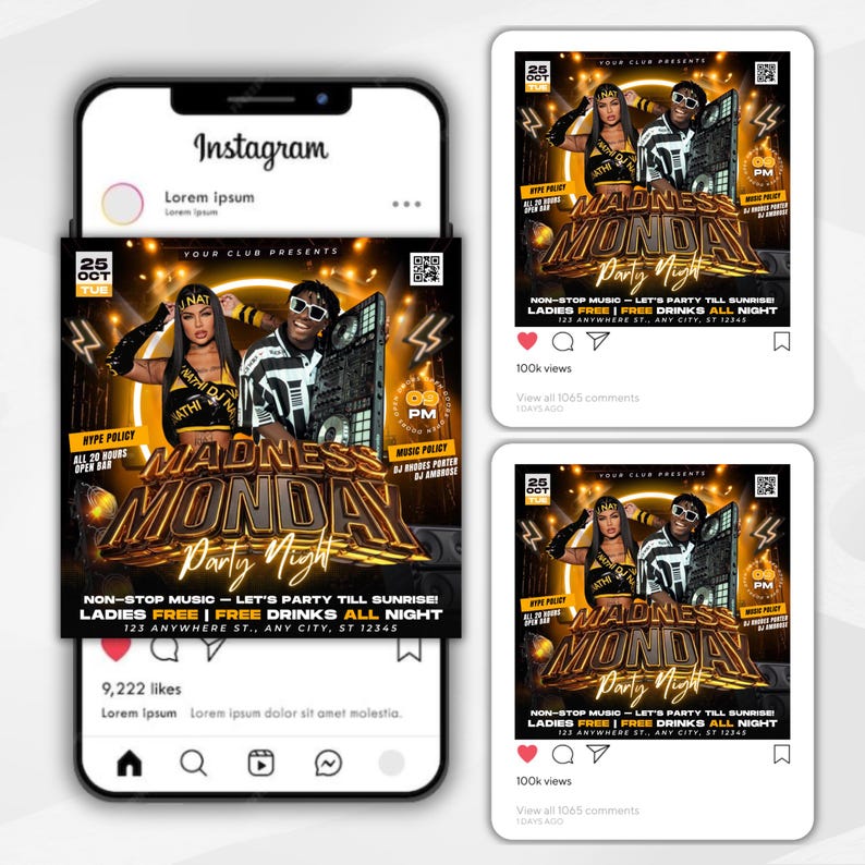 May include: Instagram post promoting a "Madness Monday Party Night" event. The image features two people, event details, and the date, October 25th. The post includes the text "Ladies Free | Free Drinks All Night."