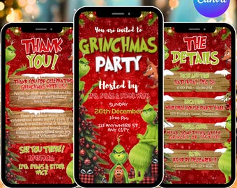 Animated Christmas Dinner Invitation, Friendsmas Party Invite, Grinch Holiday Celebration Template, DIY Editable Design