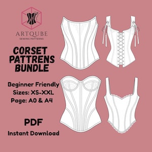 Può includere: Un pacchetto di cartamodelli digitali con quattro distinti design di corsetti in linee nere su sfondo rosa polvere. Il testo include ARTQUBE SEWING PATTERNS, CORSET PATTRENS BUNDLE, Beginner Friendly, Sizes: XS-XXL, Page: A0 & A4, PDF e Instant Download.