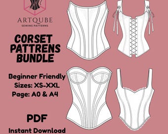 Corset top Pattern Bundle, Woman Top Pattern, Corset Sewing Pattern bundle, Cottage Core Corset, Medieval dress pattern, 6 Sizes | PDF A4 A0