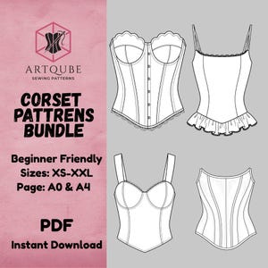 Op de afbeelding: Een digitaal naaipatroonpakket met vier zwart-wit lijntekeningen van korsettops. De tekst luidt ARTQUBE SEWING PATTERNS, CORSET PATTRENS BUNDLE, Beginner Friendly, Sizes: XS-XXL, Page: A0 & A4, PDF, en Instant Download.