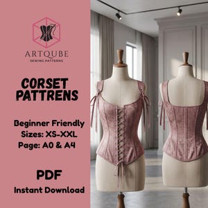 Peut inclure: Un corset rose poudré avec un laçage frontal et des bretelles présenté sur deux mannequins. Le texte à gauche indique : ARTQUBE SEWING PATTERNS, CORSET PATTRENS, Beginner Friendly, Sizes: XS-XXL, Page: A0 & A4, PDF, Instant Download.